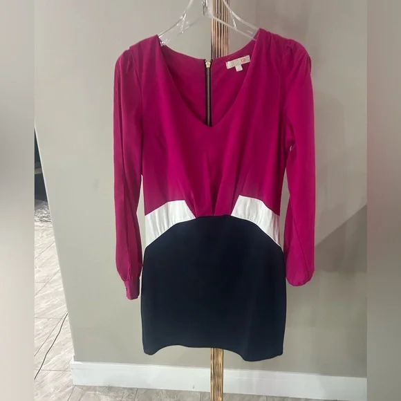 Gianni Bini Pink White Navy Colorblock V-Neck Long Sleeve Dress Size 9 - Picture 4 of 8